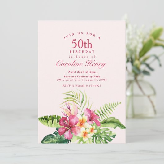 Roze uitnodiging voor tropische baarmoederdag (Staand voorkant)