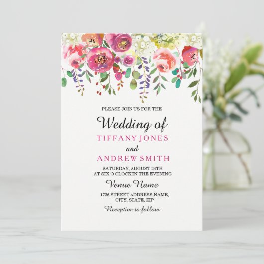 Roze  uitnodiging voor tropische bruiloft (Staand voorkant)