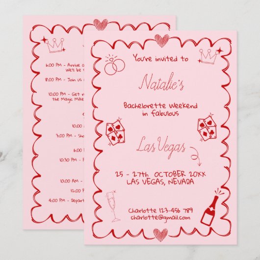 Roze uitnodiging voor vrijgezellenfeest in Las Veg (Voorkant / Achterkant)