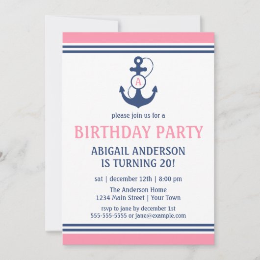 Roze uitnodigingen van het anker anchor Birthday P (Voorkant)