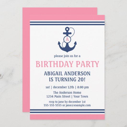 Roze uitnodigingen van het anker anchor Birthday P (Voorkant / Achterkant)