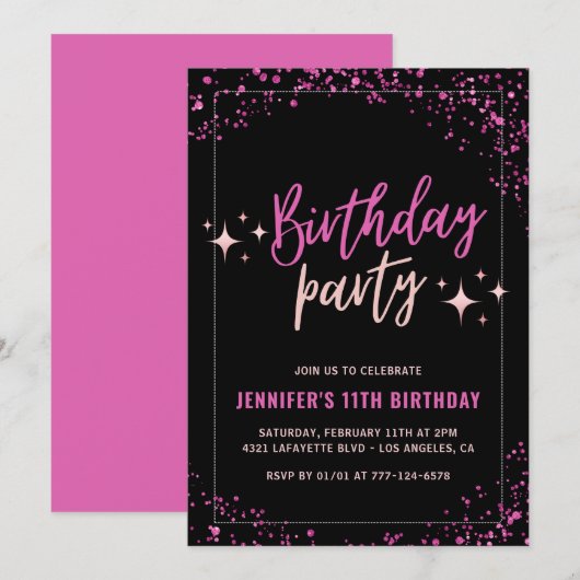 Roze uitnodigingen voor 11e verjaardagsfeest Glitt (Voorkant / Achterkant)