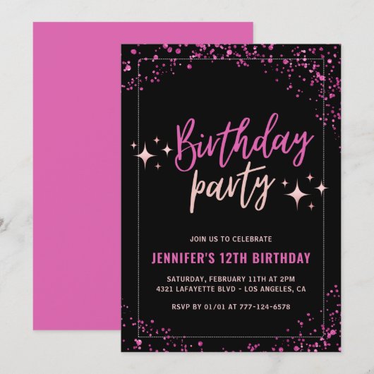 Roze uitnodigingen voor 12de verjaardagsfeest Glit (Voorkant / Achterkant)