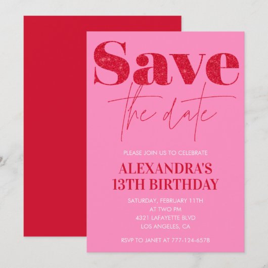 Roze uitnodigingen voor 13e verjaardag Save the da (Voorkant / Achterkant)