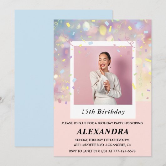 Roze uitnodigingen voor 15e verjaardag Confetti Fo (Voorkant / Achterkant)