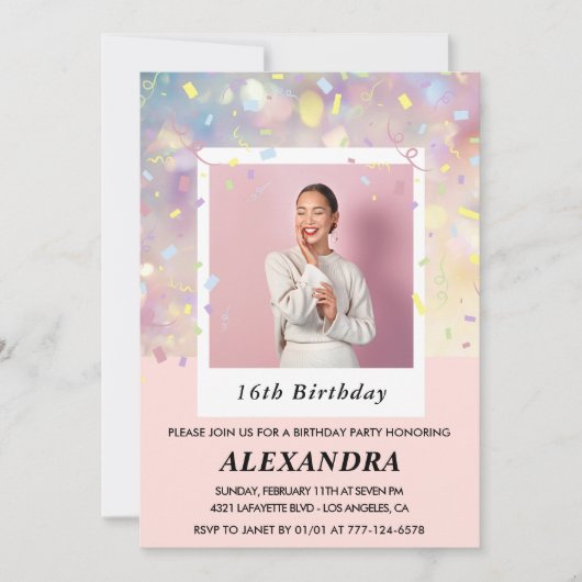 Roze uitnodigingen voor 16e verjaardag Confetti Fo (Voorkant)