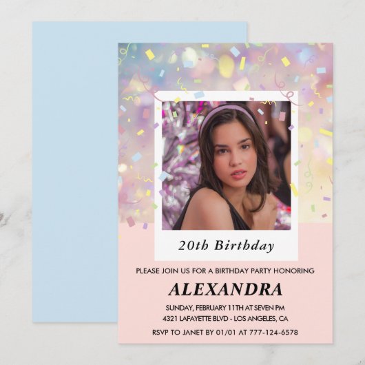 Roze uitnodigingen voor 20ste verjaardag Confetti (Voorkant / Achterkant)