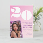 Roze uitnodigingen voor 20ste verjaardag Retro fot (Staand voorkant)