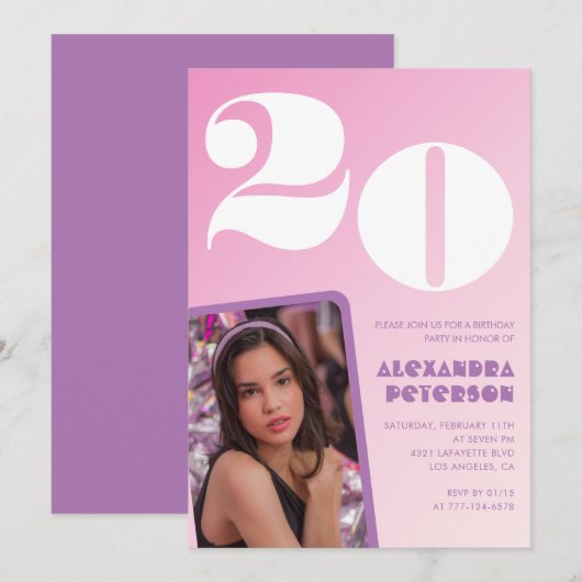 Roze uitnodigingen voor 20ste verjaardag Retro fot (Voorkant / Achterkant)