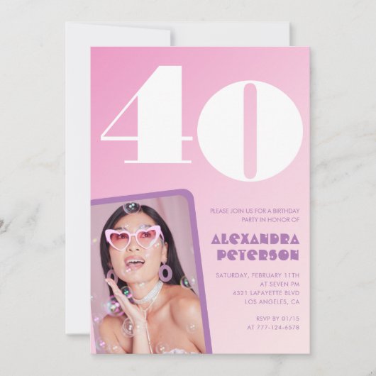 Roze uitnodigingen voor 40ste verjaardag Retro fot (Voorkant)