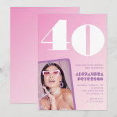 Roze uitnodigingen voor 40ste verjaardag Retro fot (Voorkant / Achterkant)