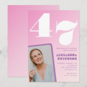 Roze uitnodigingen voor 47ste verjaardag Retro fot (Voorkant / Achterkant)