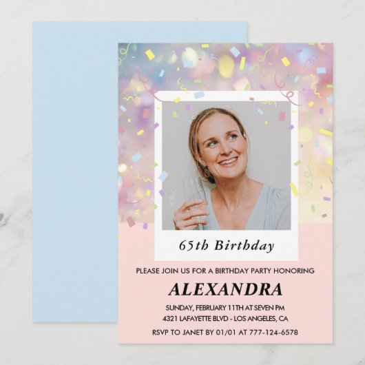Roze uitnodigingen voor 65e verjaardag Confetti Fo (Voorkant / Achterkant)
