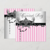 Roze uitnodigingen voor Black Masquerade-feestje (Voorkant / Achterkant)