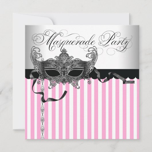 Roze uitnodigingen voor Black Masquerade-feestje (Voorkant)