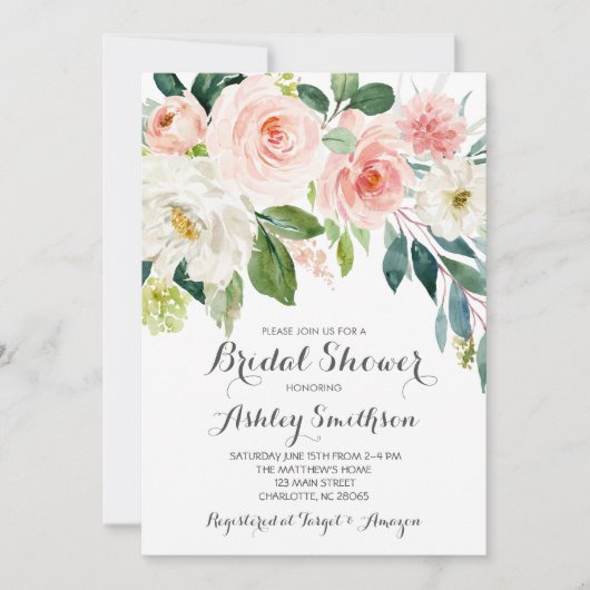 roze uitnodigingen voor bruidsfeest, roze bloemen (Voorkant)