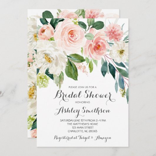 roze uitnodigingen voor bruidsfeest, roze bloemen (Voorkant / Achterkant)