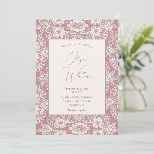 Roze uitvindingen van het Rustic Lace Wedding Kaart (Staand voorkant)