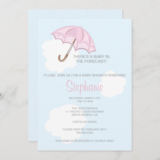 Roze Umbrella Baby shower Uitnodiging (Voorkant / Achterkant)