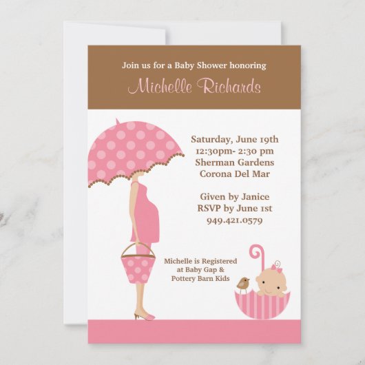 Roze Umbrella Baby shower Uitnodiging (Voorkant)