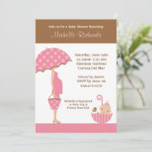 Roze Umbrella Baby shower Uitnodiging (Staand voorkant)