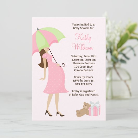 Roze Umbrella Baby shower Uitnodiging (Staand voorkant)