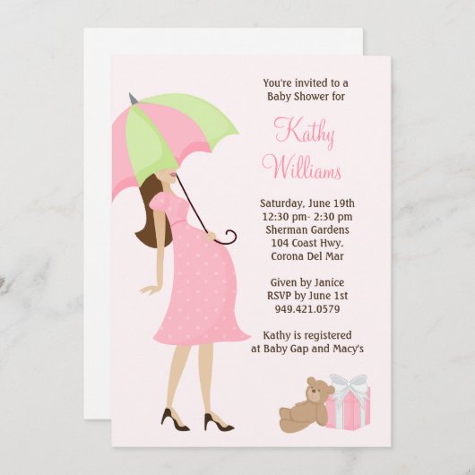 Roze Umbrella Baby shower Uitnodiging (Voorkant / Achterkant)