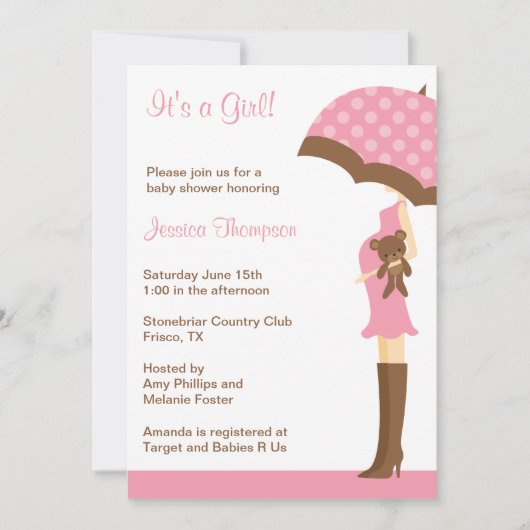 Roze Umbrella Baby Shower-uitnodigingen Kaart (Voorkant)