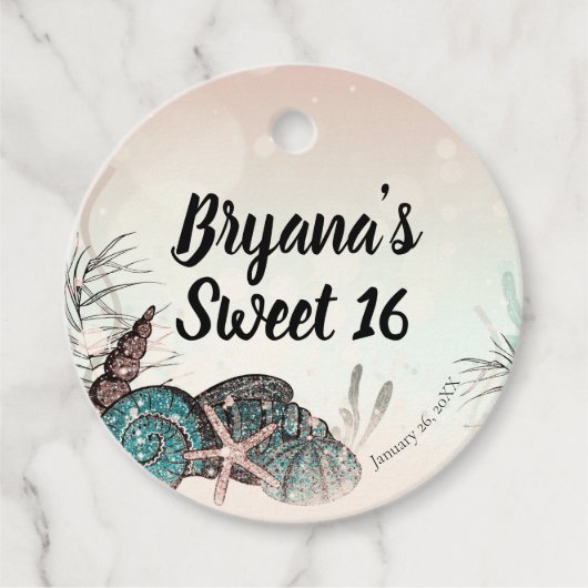 Roze Under the Sea Shells Beach Sweet 16 Feest Bedankjes Labels (Voorkant)