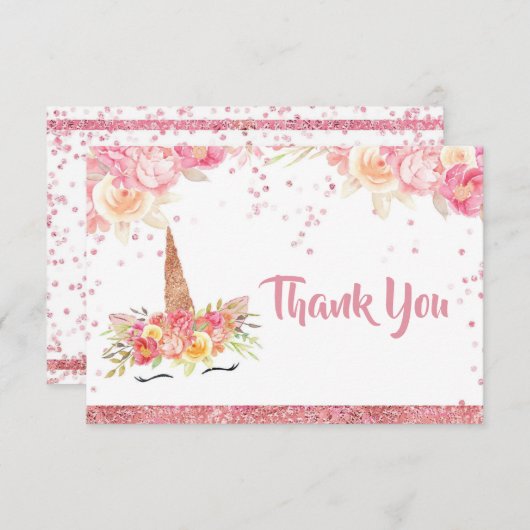 Roze Unicorn Baby shower Hartelijk dank Informatiekaartje (Voorkant / Achterkant)
