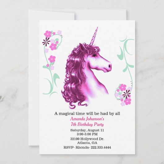 Roze Unicorn Birthday Party Invitation Kaart (Voorkant)