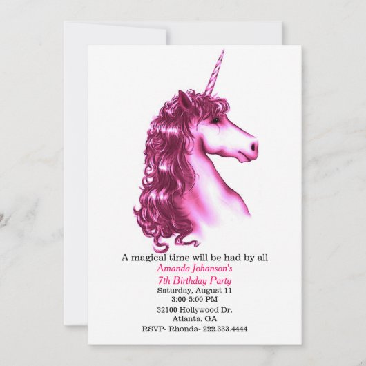 Roze Unicorn Birthday Party Invitation Kaart (Voorkant)