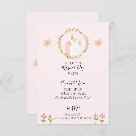 Roze Unicorn Birthday Party Kaart (Voorkant / Achterkant)