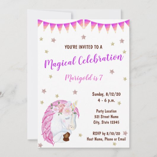 Roze Unicorn Birthday Uitnodiging (Voorkant)
