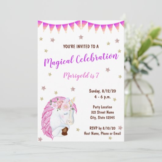 Roze Unicorn Birthday Uitnodiging (Staand voorkant)