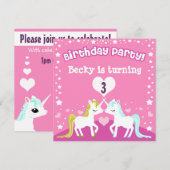 Roze Unicorn  Birthday Uitnodiging (Voorkant / Achterkant)