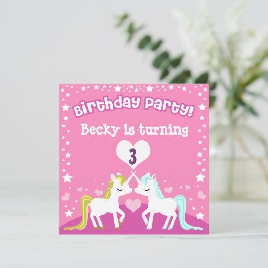 Roze Unicorn  Birthday Uitnodiging (Staand voorkant)