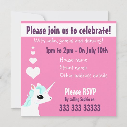 Roze Unicorn Birthday Uitnodiging (Achterkant)