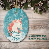 Roze Unicorn Blauwgroen Snowflake Geloof kerst Keramisch Ornament