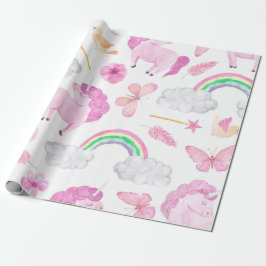 Roze Unicorn Butterflies Girly Cute Cadeaupapier