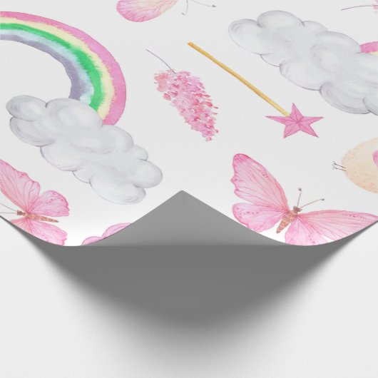 Roze Unicorn Butterflies Girly Cute Cadeaupapier (Hoek)
