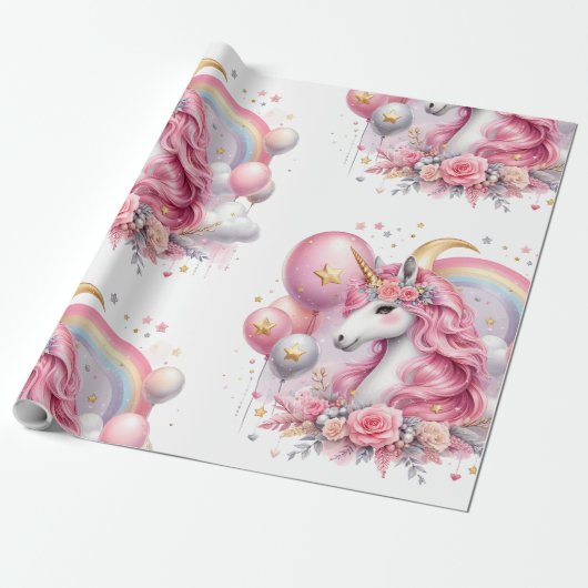 Roze Unicorn Cadeaupapier (Uitgerold)