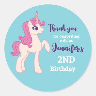 Roze Unicorn Cartoon Girls Birthday Party Favor Ronde Sticker