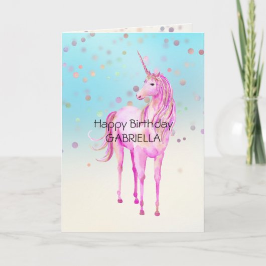 Roze Unicorn Confetti Persoonlijke naam Kaart (Voorkant)
