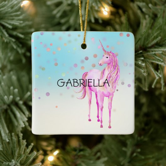 Roze Unicorn Confetti Persoonlijke naam Keramisch Ornament (Boom)