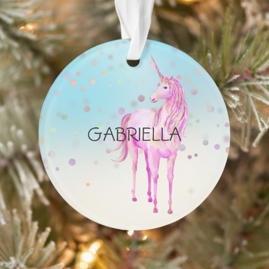 Roze Unicorn Confetti Persoonlijke naam Ornament (Boom)