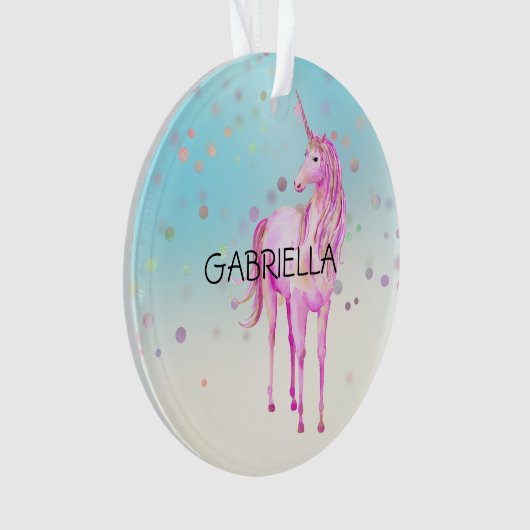 Roze Unicorn Confetti Persoonlijke naam Ornament (voorkant)