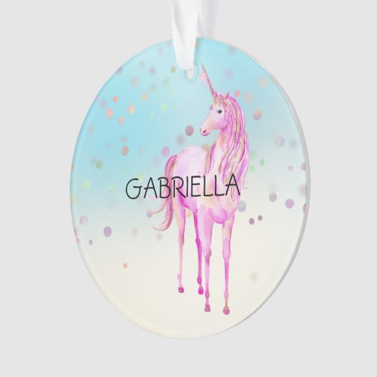 Roze Unicorn Confetti Persoonlijke naam Ornament (voorkant)