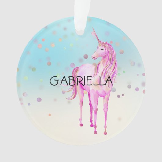 Roze Unicorn Confetti Persoonlijke naam Ornament (voorkant)