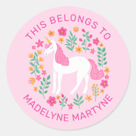 Roze Unicorn dit behoort tot de gepersonaliseerde  Ronde Sticker